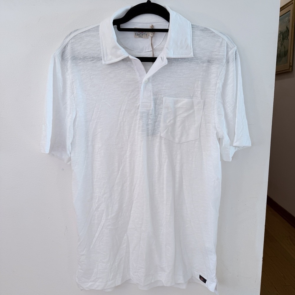 Faherty SS Breeze Polo Men's Small White Organic Cotton Slub Pocket NWT
